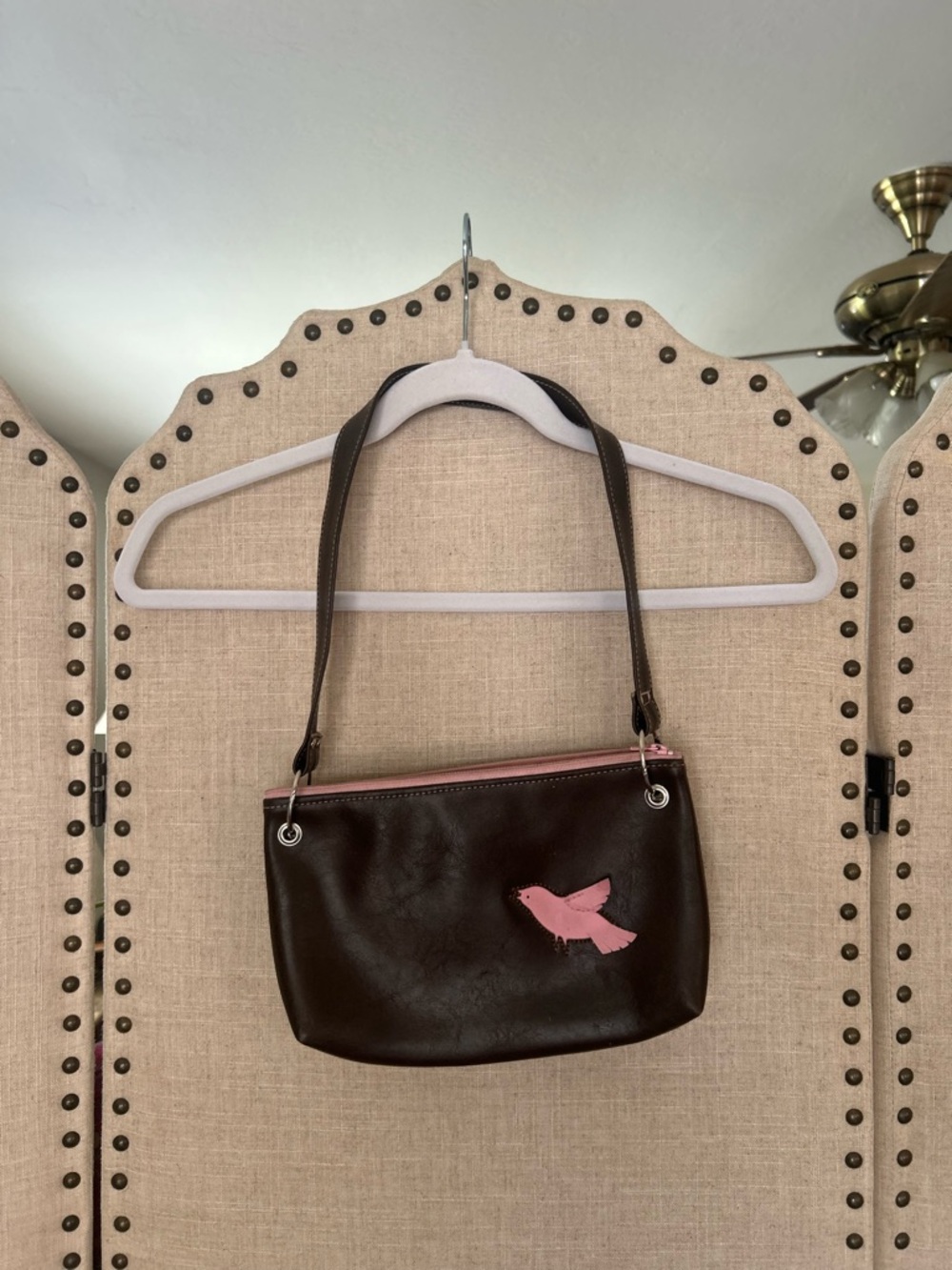 Queen Bee Creations Rebecca Pearcy Brown Leather Bird Applique Shoulder Bag Y2K